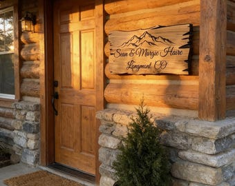Custom Wood Sign, Personalized Family Name Signs with Mountain Range - Outdoor Durable Design