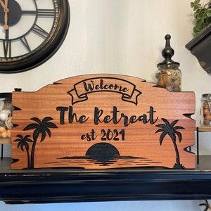 Custom Wood Signs for Outdoors Beach House Lake House Personalized Wooden Signs Sunset Palm Trees Family Name Carved Signs Nautical 602