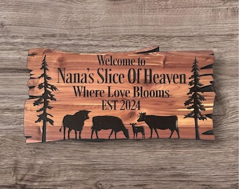 Personalized Cabin Sign: Carved Wood Welcome Sign with Cows & Trees 118
