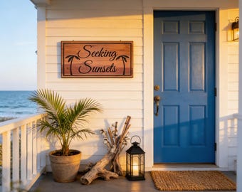 Coastal Wood Welcome Sign Personalized Palm Tree Design Indoor or Outdoor Durable