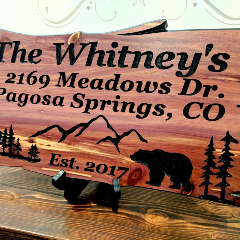Custom Outdoor Wood Signs, Personalized Farmhouse Decor Welcome Sign, Wood Wall Art Address Mountains Bear Pine Trees Family Name Cabin