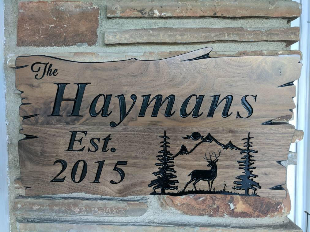 Custom Wood Sign, Family Name Sign, Rustic Home Decor Welcome Sign, Farmhouse Sign, Outdoor Wood Signs, Mountains Deer Pine Trees Farmhouse