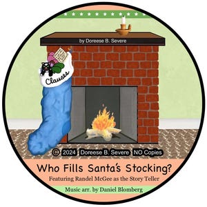May include: A blue stocking with the word "Clauses" on it hangs over a brick fireplace with a fire burning inside. The text "Who Fills Santa's Stocking?" is at the bottom of the image.