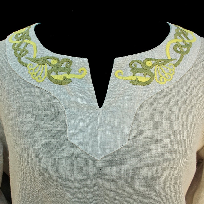 Unique Natural Linen Viking Womens Dress with Wool Embroidery