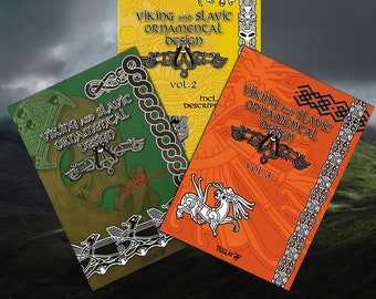 May include: Three books titled "Viking and Slavic Ornamental Design" are displayed. The books are in green, yellow, and orange. Each book features intricate designs and the text "Vol. 2" or "Vol. 3". The background is a blurred landscape.