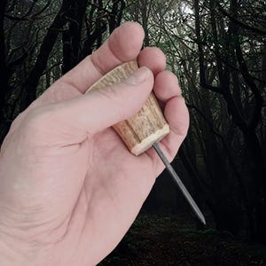 May include: An awl with a light brown antler handle and a dark metal point. This hand tool is designed for piercing or making small holes in materials such as leather or wood. The background is a blurred forest scene.