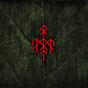 May include: A red symbol on a green background. The symbol is a stylized tree with branches and roots.