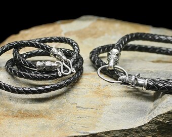 Braided Leather Necklace with Silver Icelandic Wolf Heads