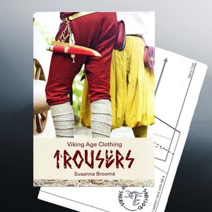 May include: A book cover with a red and white illustration of a pair of Viking Age trousers. The title of the book is "TROUSERS" and the author is Susanna Broomé.