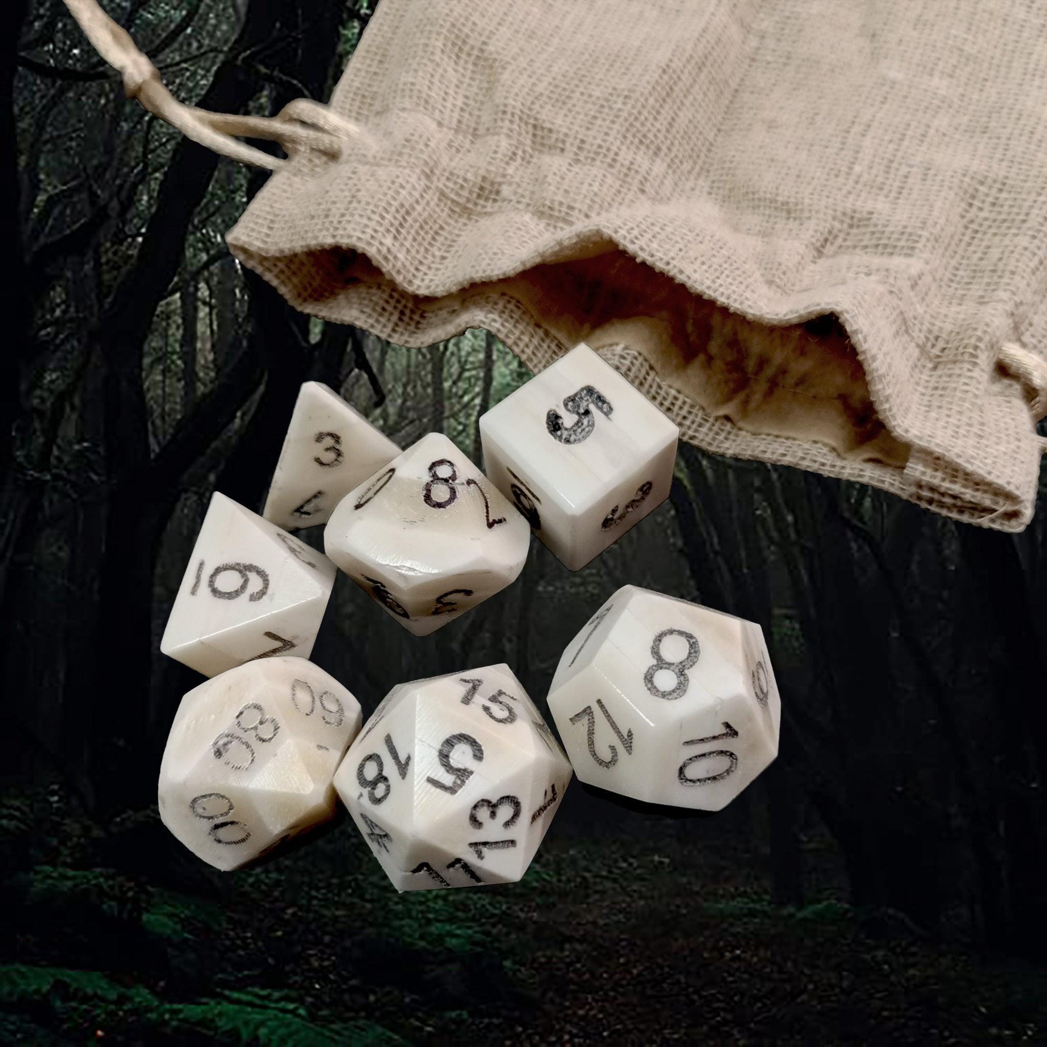 Large Bone Dice Set for DnD with Hessian Pouch - 7 Piece Viking-Style RPG Gaming Accessories