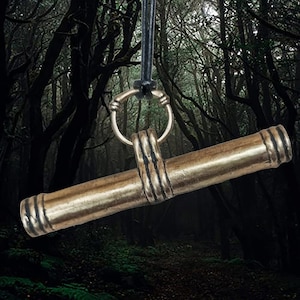 May include: A silver-toned metal pendant shaped like a cylinder with a ring at the top. The pendant has a dark, textured finish and is hanging from a black cord.