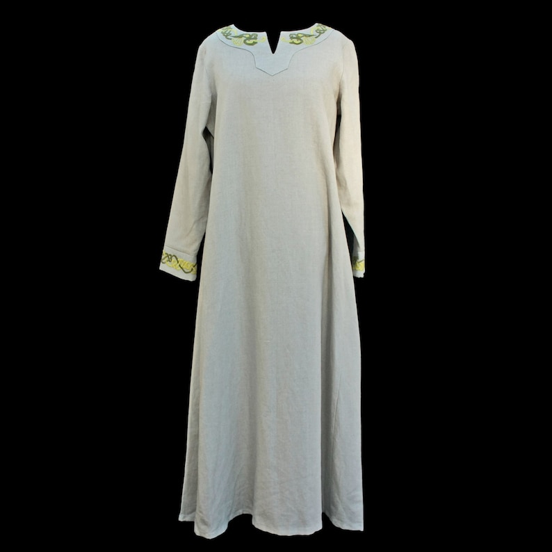 Unique Natural Linen Viking Womens Dress with Wool Embroidery