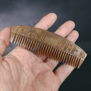 Decorated Wood Viking Comb with Curved Back