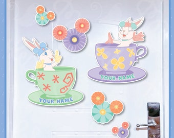 Hoppy Spring Disney Cruise Magnets, Easter Bunny in Mad Hatter Tea Cups and free Mickey-Shaped Flowers. Add Your Name, Customize It