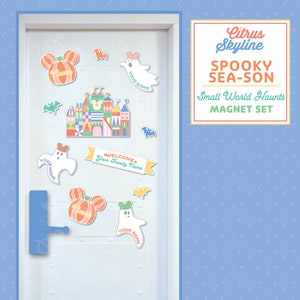 Halloween Disney Cruise Magnet Package, Small World Halloween With Mickey Pumpkins, Mickey Hat Ghost Names, and Welcome Name Banner