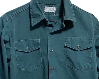 Vintage Green Work Shirt - Vintage Green Button Up - Vintage Dark Green Shirt - Vintage Work shirt - 70s Work Shirt - Green White Stitching