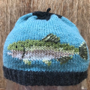 May include: A blue knitted hat with a black brim and a brown, green, and white knitted fish design.