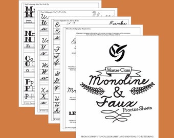 Fogli pratici di calligrafia monolinea e finta calligrafia per master class: dal corsivo alla calligrafia, dalla stampa al lettering