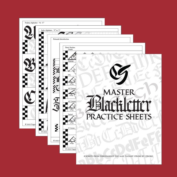 Master Blackletter Kalligrafie Oefenbladen - 8 Scripts (Textura, Fraktur, Batarde, Rotunda, Cursief, Unciaal, Roman & Neuland)