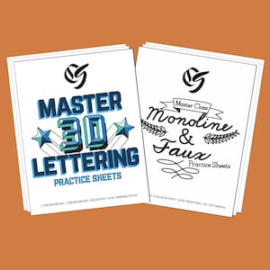 May include: Two printable practice sheets for lettering. The first sheet features the text "Master 3D Lettering Practice Sheets" in blue and black with a star design. The second sheet features the text "Master Class Monoline & Faux Practice Sheets" in black and green with a leafy design.