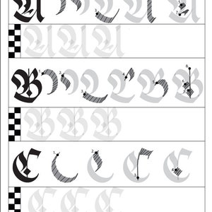 Fraktur A, B & C with stroke by stroke order, pen angle and direction.