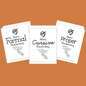Może przedstawiać: Trzy czarno-białe arkusze do druku z tekstem "Master Formal Handwriting", "Master Cursive Handwriting" i "Master Proper Handwriting". Każdy arkusz zawiera ołówek i stylizowaną literę G.