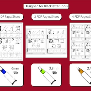 These sheets were designed for the 6mm Pilot parallel pen, but with different print settings can allow for 2 other sizes of Pilot Parallel.