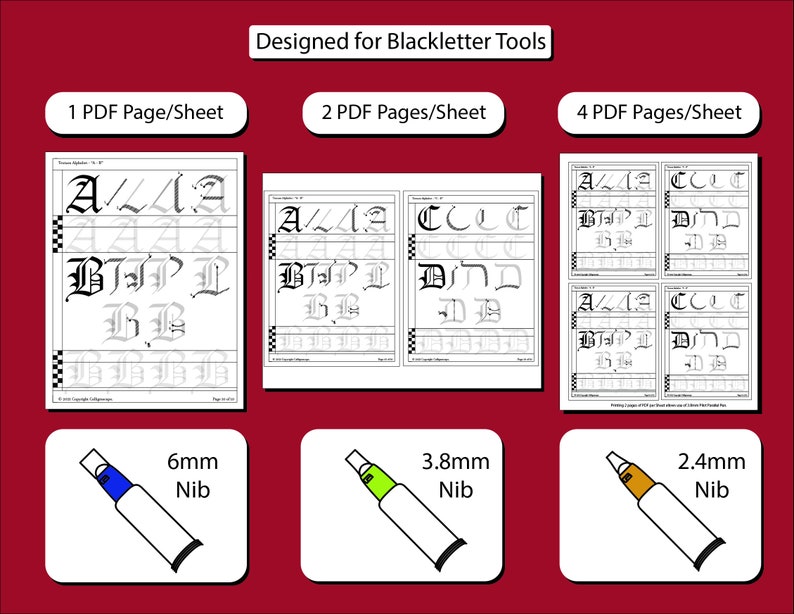 These sheets were designed for the 6mm Pilot parallel pen, but with different print settings can allow for 2 other sizes of Pilot Parallel.