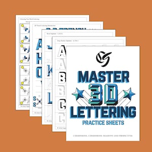 Puede incluir: Un conjunto de hojas de práctica imprimibles para aprender a crear letras en 3D. Las hojas presentan un diseño de letras en 3D azul y verde que dice "MASTER 3D LETTERING PRACTICE SHEETS". Las hojas están diseñadas para ayudarte a aprender a crear letras en 2D y 3D, sombras y perspectivas.