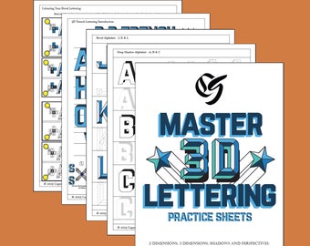 Master Class 3D Lettering Practice Sheets: 2D & 3D Handlettering, with Shadows and Perspectives.