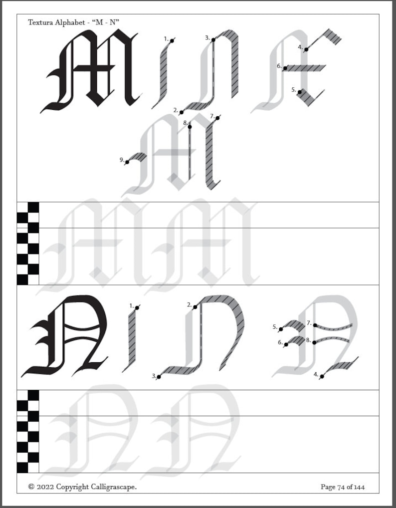 Textura M & N with stroke order and direction.