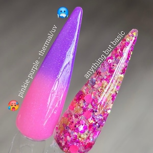 May include: Two nail swatches. One is a gradient of pink to purple with the text "pinkie-purple - thermal/uv". The other is covered in pink and gold glitter with the text "anything but basic".