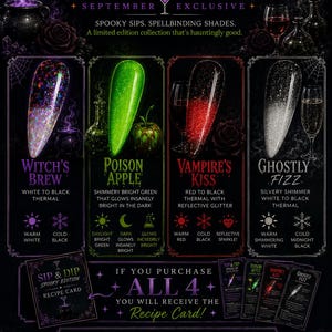 May include: A promotional flyer for The Glam Lab Sip & Dip Spooky Edition nail powder collection. It features four nail swatches: Witch's Brew, Poison Apple, Vampire's Kiss, and Ghostly Fizz, with descriptions of their thermal color-changing properties.