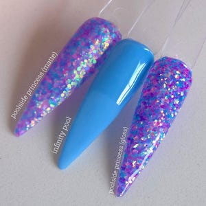 May include: Three nail polish samples. Two are glittery, labeled "poolside princess (matte)" and "poolside princess (gloss)", with purple and iridescent glitter. The middle sample is a solid light blue, labeled "infinity pool".