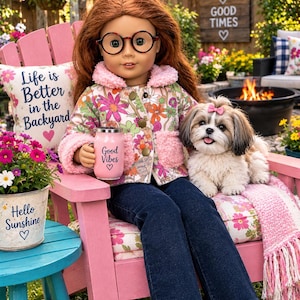 May include: A doll with long auburn hair and round glasses wears a floral jacket with pink sherpa trim and dark blue jeans. The doll holds a pink tumbler with the text Good Vibes and a heart. A small dog with a pink bow sits beside the doll.