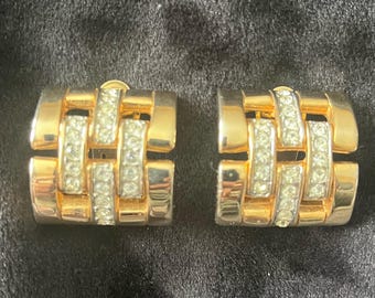 LES BERNARD - Vintage Designer Gold Tone and Rhinestone Clip-On Earrings