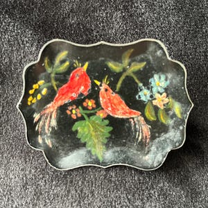Vintage Hand Painted Toll Tray Brooch with Red Birds and Flowers