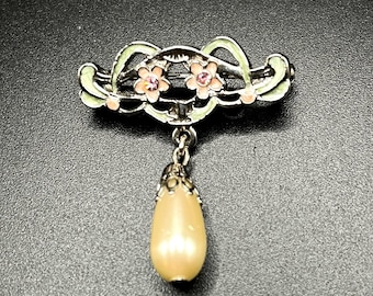 1928 - Floral Ribbon Pin – Silver Tone Faux Pearl Brooch