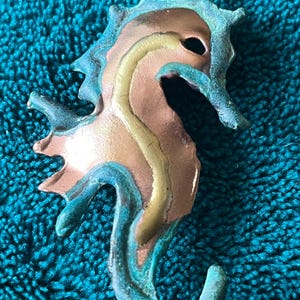 Artisan Vintage Copper Seahorse Brooch with Verdigris and Gold Enamel