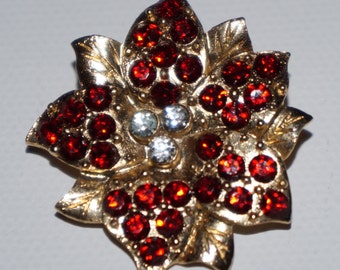 Vintage Bright Red Enameled Poinsettia Brooch with Clear and Red Rhinestones