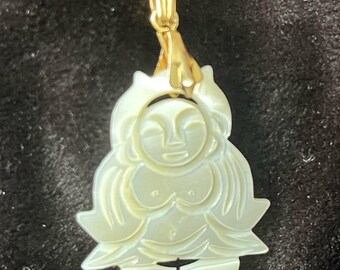 Vintage 1970’s Creamy White Mother of Pearl Carved Happy Buddha Pendant