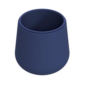 May include: A navy blue, ceramic, rounded cup with a wide opening. The cup has a smooth, matte finish and a simple, modern design. The cup is approximately 4 inches tall and 4 inches wide at the top.