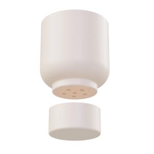 May include: A light beige ceramic salt and pepper shaker set. The top portion has a rounded shape with a perforated base. The bottom portion is a small, cylindrical container. The set is designed to be separated.
