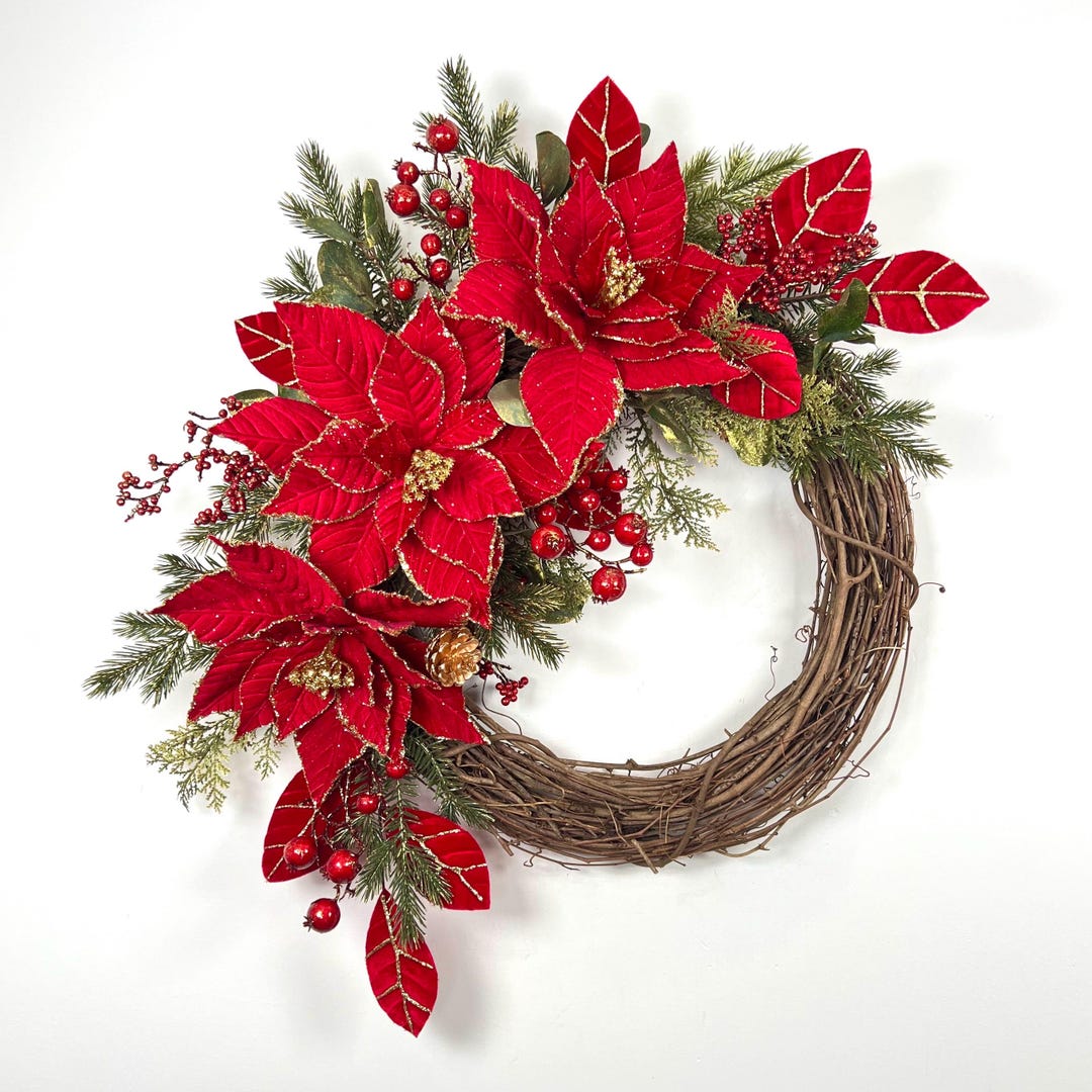 Red and Gold Berry Poinsettia Magnolia Velvet Grapevine Wreath - Etsy