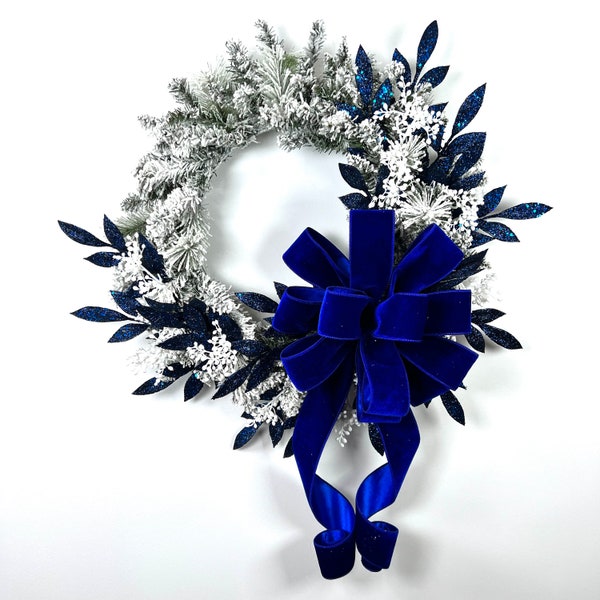 Cobalt Blue Velvet Snow Flocked Winter Wreath