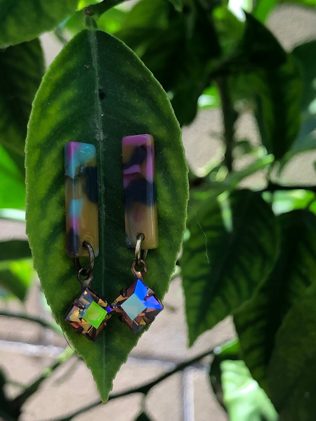 Acrylic Stud Earrings With Bronze Crystal Dangle Etsy