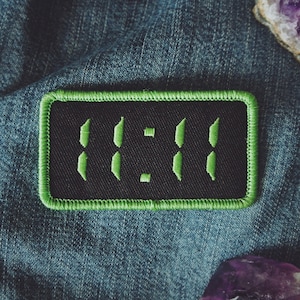 11:11 Synchronicity Patch - Metaphysical Fashion Accessory - 3&quot; Iron On Embroidered Patch - Digital Clock Green - Awakening Code Numerology