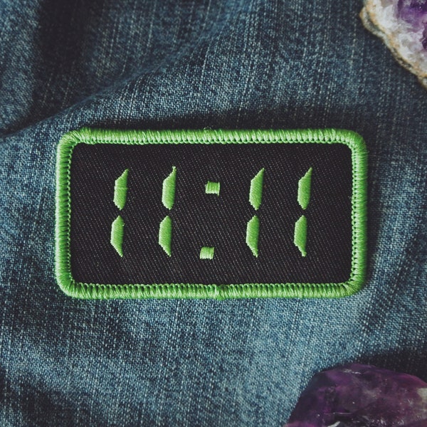 11:11 Synchronicity Patch - Metaphysical Fashion Accessory - 3" Iron On Embroidered Patch - Digital Clock Green - Awakening Code Numerology