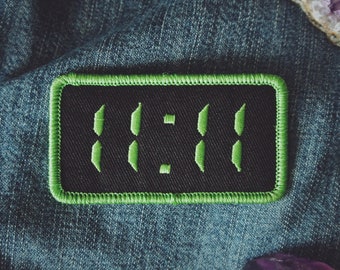 11:11 Synchronicity Patch - Metaphysical Fashion Accessory - 3&quot; Iron On Embroidered Patch - Digital Clock Green - Awakening Code Numerology