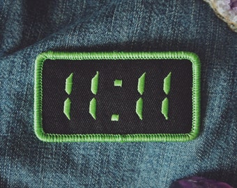 11:11 Synchronicity Patch - Metaphysical Fashion Accessory - 3" Iron On Embroidered Patch - Digital Clock Green - Awakening Code Numerology